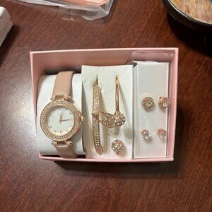 AWC 5-Piece Rose Gold Tone Women's Watch & Jewelry Gift Set - NIB